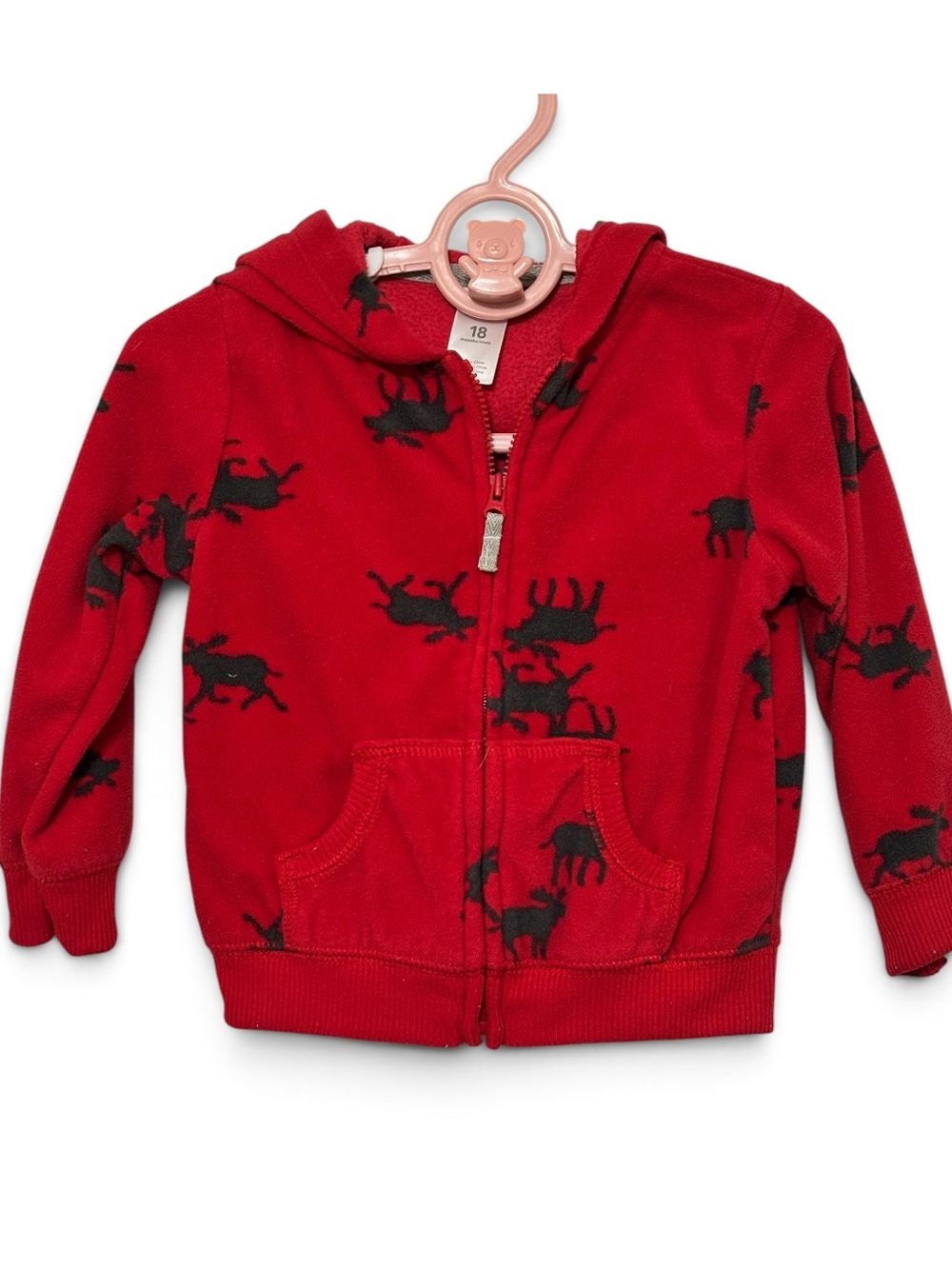 🎉 (18m) Carter's Red Fleece Moose Print Zip-Up Hoodie Sweatshirt